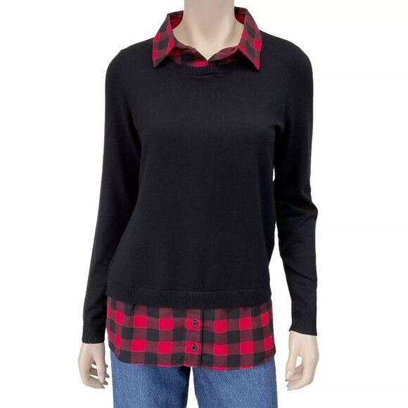 NWT Adrianna Papell Women Size Small Buffalo Check Combo Twofer Pullover Sweater - Picture 1 of 8